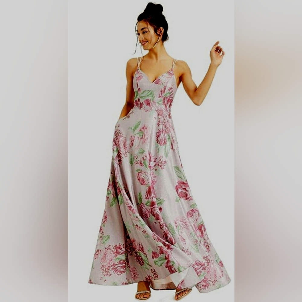 Crystal Doll Pink Floral Glitter Spaghetti Strap Illusion Gown Dress Siz…